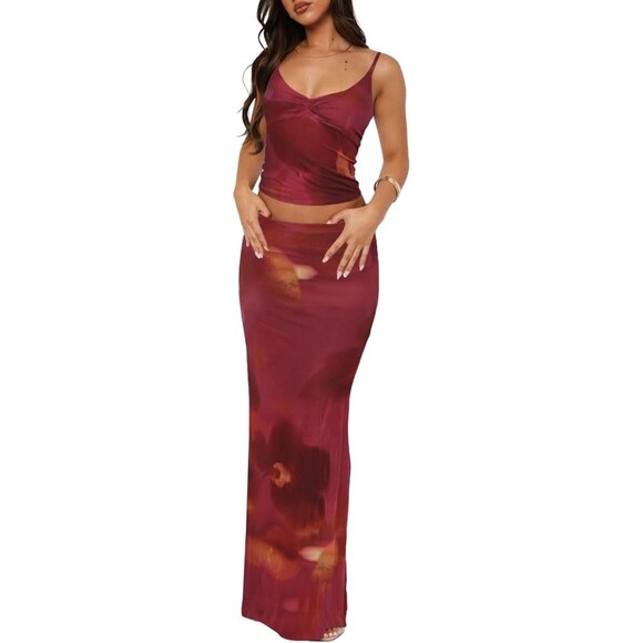 Women Burgundy Floral Two Piece Sets Sleeveles Spaghetti Pleated Tank Maxi Skirt